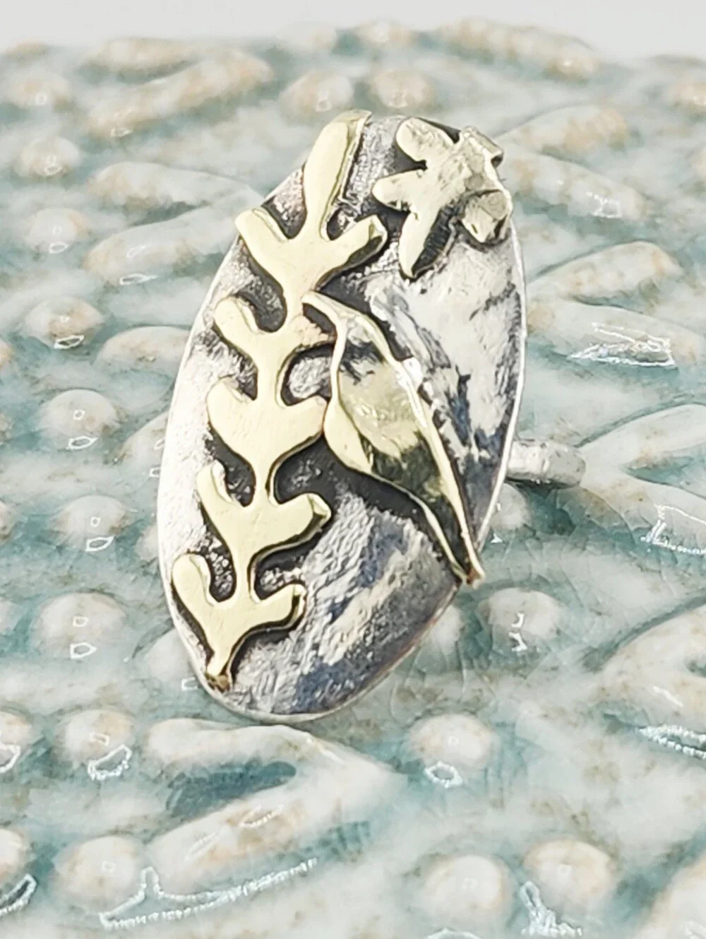 BOTANICAL ORGANIC STERLING SILVER & BRASS FLORAL RING HANDMADE SIZE 7